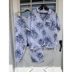 A-La-Carte by La Cera Blue Floral Toile 100% Cotton Pajama Set Short Sleeve XXL